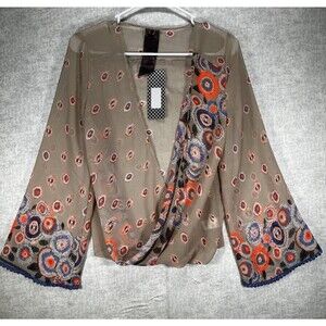 Moon Collection Womens Multi Colored Low V Neck Long Sleeve Casual Sheer Top Sm